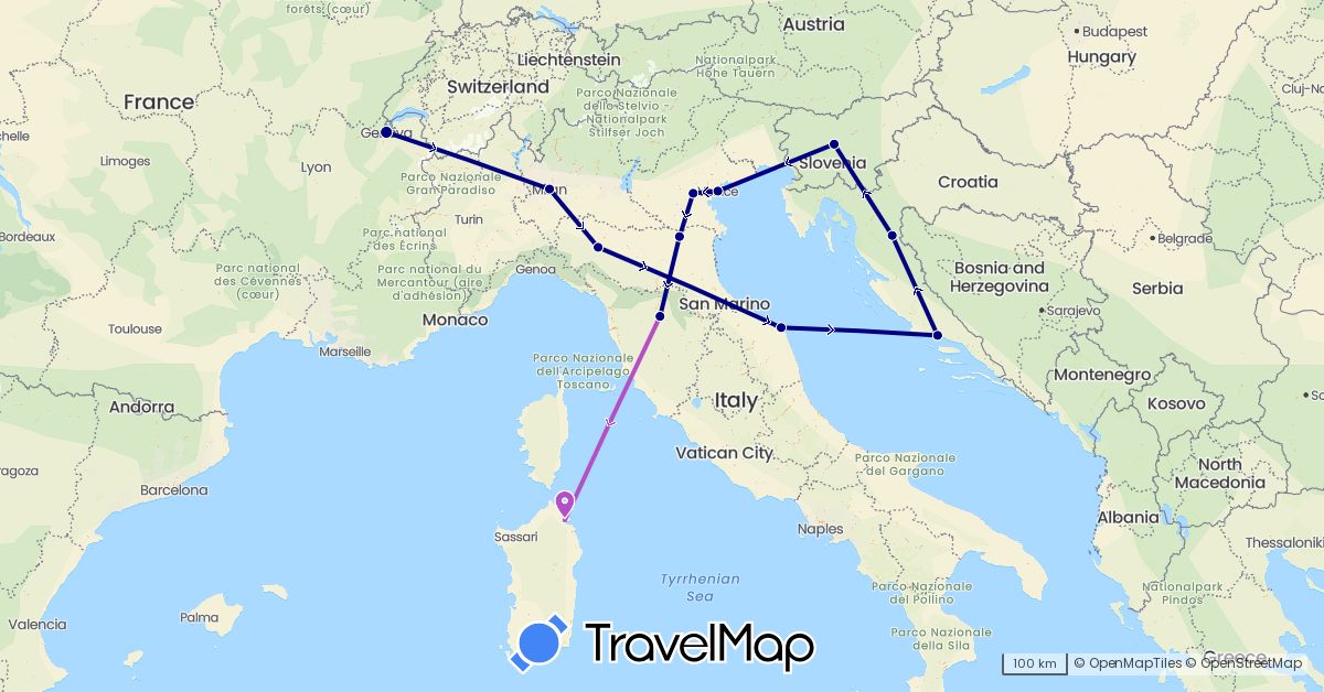 TravelMap itinerary: driving, train in Switzerland, Croatia, Italy, Slovenia (Europe)